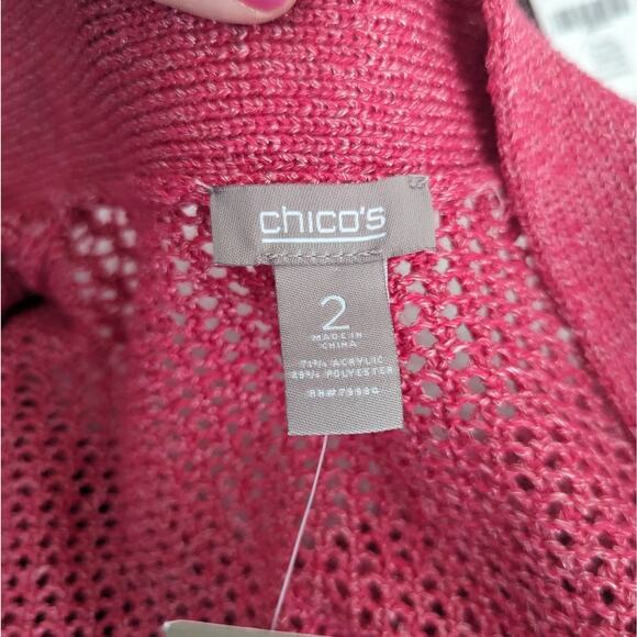 NEW Chico's Cielo Cardigan Pink Flambe Open Knit Size 2 = 12 Large - Picture 4 of 9